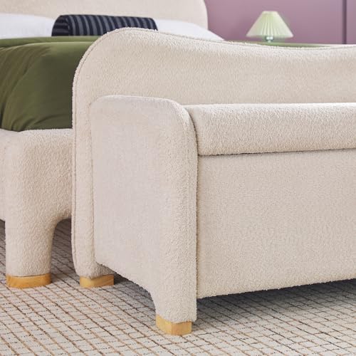 Chantelle Modern Contemporary Curved Upholstered Bench with Storage, 56 Inch, Ivory Bouclé