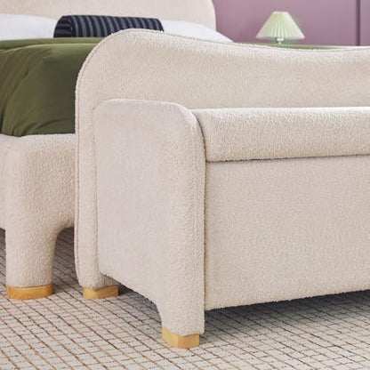 Chantelle Modern Contemporary Curved Upholstered Bench with Storage, 56 Inch, Ivory Bouclé