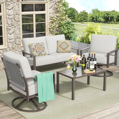 Patio Furniture Set,4 Piece Outdoor Conversation Metal Swivel Rocking Chairs Set with Hand-Woven Rope High Back,Sturdy Hand Brushed Wood Grain Finish Frame,6" Cushions for Yard
