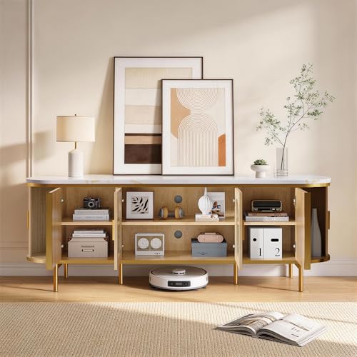 70" Fluted TV Stand for TVs up to 80", Mid Century Modern Entertainment Center with Sliding Doors & Glass Door, TV Console Table with Faux Marble Top for Living Room, Oak