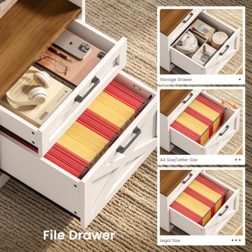 63" Farmhouse Office Desk with 5 Drawers, White and Brown, view 5