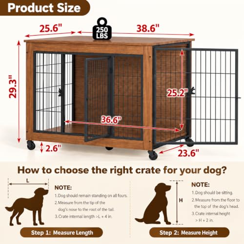 38.6" Dog Crate Furniture with Wheels and Double Doors, view 3