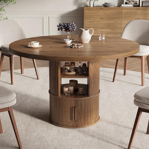 43" Round Dining Table with Storage Shelf, Farmhouse Modern Kitchen Table for 4-6, Circular Wood Dining Room Table for Small Spaces, Space Saving Pedestal Table for Apartment & Breakfast Nook, Walnut