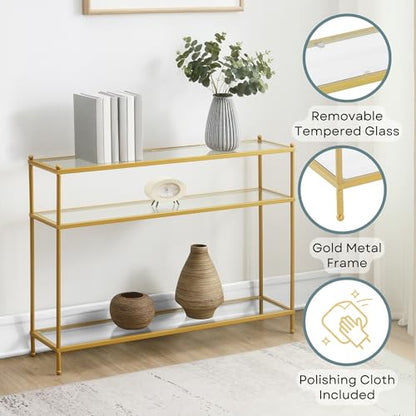 Royal Crest Glass Console Hall Table 42" - 3 Tier Modern, Contemporary Narrow Display Accent with Storage Shelves for Living Room, Entryway, Hallway, & Bedroom, Gold