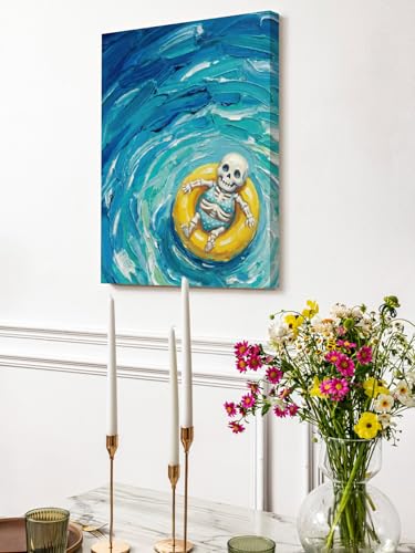 NuYeBiofx Ombre Blue Ocean Funny Skeleton Canvas Wall Art Prints,40"x28" Framed Picture Artwork Abstract Oil Painting Printed Canvas Oil Painting for Living Room Bedroom Office,Ready to Hang