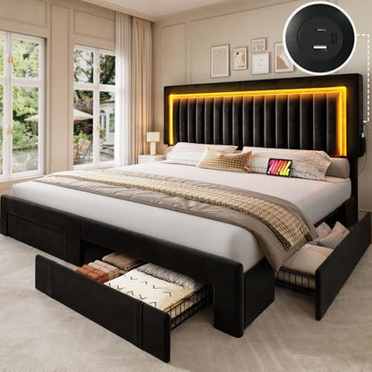 King Size Bed Frame with Adjustable Headboard & 4 Storage Drawers, view 2