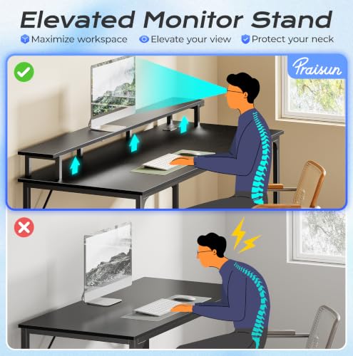 55 inch Gaming Desk, LED & Power Outlets, Monitor Stand, Black, view 8