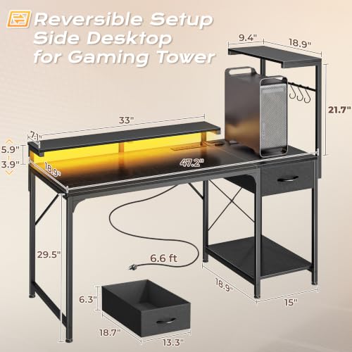 47.2 Inch Gaming Desk with LED Lights & Power Outlets, view 4