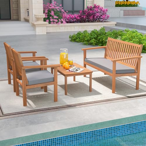 4 Piece Patio Wood Furniture Set, Acacia Wood Sofa Set w/Loveseat, 2 Chairs & Coffee Table, Soft Seat Cushions, Outdoor Wood Furniture Set for Porch, Yard, Balcony (Gray)