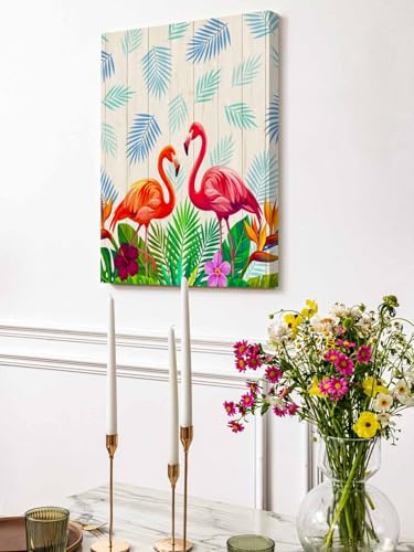 NuYeBiofx Summer Flamingo Flower Leaf Canvas Wall Art Prints,48"x32" Framed Picture Artwork Tropical Leaves Flower Wood Plank Printed Canvas Oil Painting for Living Room Bedroom Office,Ready to Hang