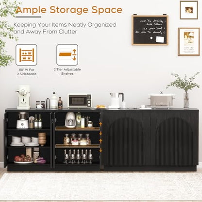110" Fluted Sideboard Buffet Cabinet with Storage, Credenza, Black, view 7