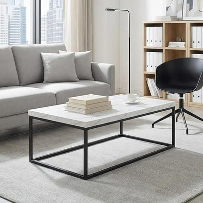 47-Inch White Marble Coffee Table/Center Table, Large Size | Extra Thick 1.6" Honey-comb Top, Rectangle, Minimalist Modern Industrial Style, Wood and Metal Cocktail Table