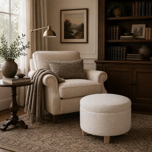 24" Large Round Storage Ottoman - Cream Boucle