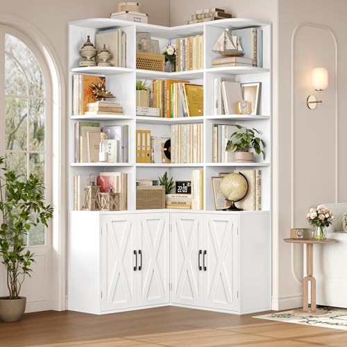 74" Tall Corner Bookshelf, White Bookshelf with Doors, view 2