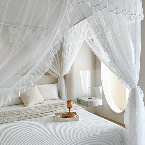 AIKASY 4 Corners Post Ruffle Princess Bed Canopy Curtain, view 8