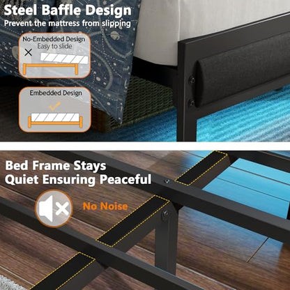 Full Size Bed Frame with Storage Shelf and Upholstered Headboard, view 7