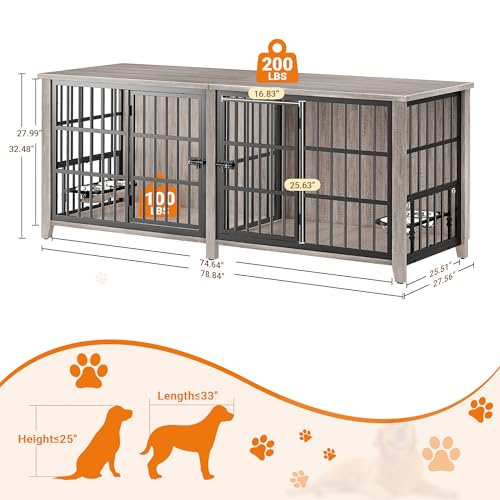 78.84" Dog Crate Furniture for 2 Dogs, Double Wooden Dog Kennel,Grey, view 3