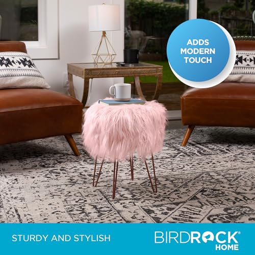 Pink Faux Fur Vanity Stool Chair - Soft Furry Compact Padded Seat - Vanity, Living Room, Bedroom and Kids Room Chairs - Hair Pin Metal Legs Upholstered Decorative Furniture Foot Rest
