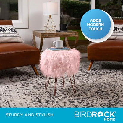Pink Faux Fur Vanity Stool Chair - Soft Furry Compact Padded Seat - Vanity, Living Room, Bedroom and Kids Room Chairs - Hair Pin Metal Legs Upholstered Decorative Furniture Foot Rest