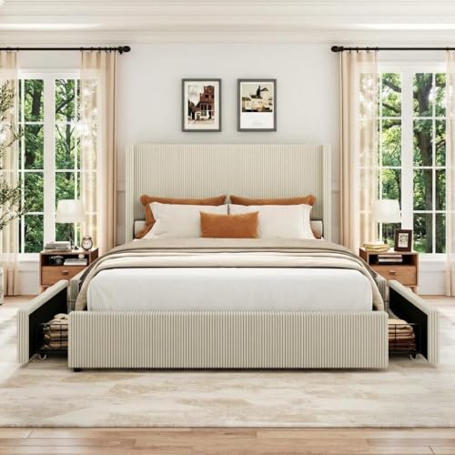 King Bed Frame with 4 Storage Drawers, Corduroy Upholstered Platform Bed, view 5