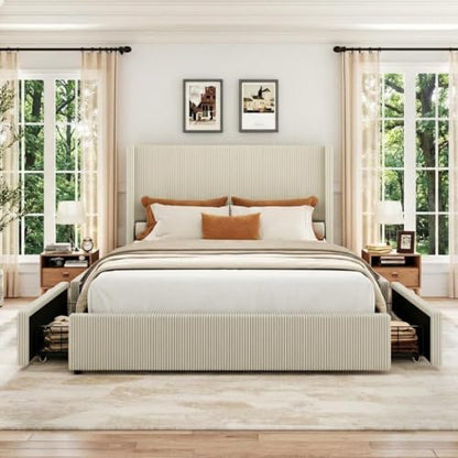 King Bed Frame with 4 Storage Drawers, Corduroy Upholstered Platform Bed, view 5