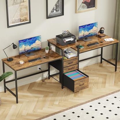 93'' Two Person Desk with Charging Station, Long Desk with 3 Drawers and Printer Shelf, Double Computer Desk, 2 Person Writing Study Table Workstation for Home Office, Rustic Brown