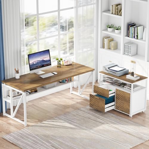 L Shaped Desk with Drawer, 63" Executive Computer Desk and lateral File Cabinet, view 7