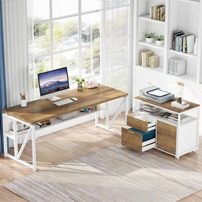 L Shaped Desk with Drawer, 63" Executive Computer Desk and lateral File Cabinet, view 7