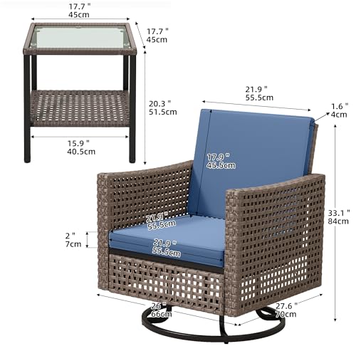 3 Pieces Patio Set w/2.8" Thick Cushions, All Weather Swivel Patio Furniture Set w/Wicker Rocking Chairs & Rattan Side Table for Backyard Deck Poolside, Blue