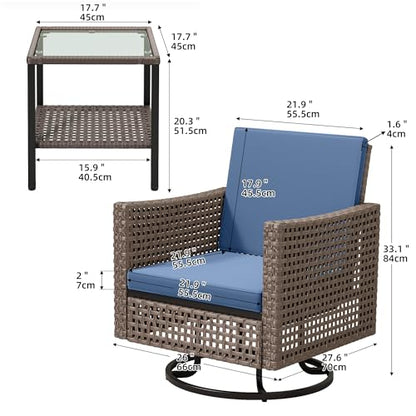 3 Pieces Patio Set w/2.8" Thick Cushions, All Weather Swivel Patio Furniture Set w/Wicker Rocking Chairs & Rattan Side Table for Backyard Deck Poolside, Blue