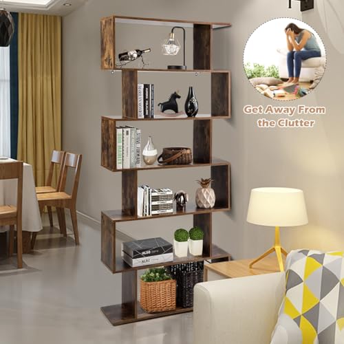 6-Tier Geometric Bookcase, Modern S-Shaped Storage Display Bookshelf for Living Room, Anti-Toppling Device, Home Office Wooden 6 Shelf Open Bookcase (1, Coffee)