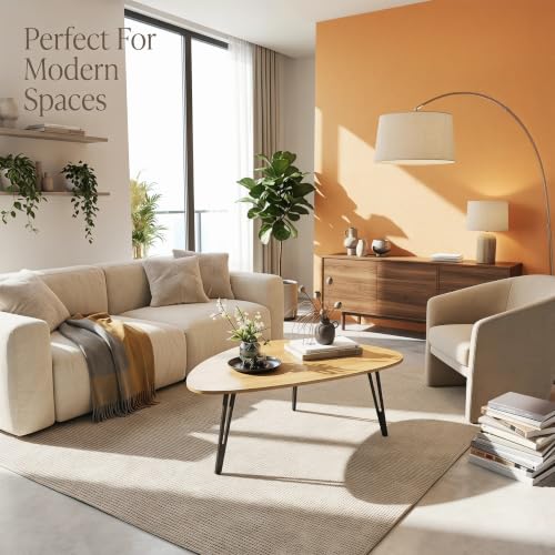 Modern Mid Century Coffee Table, Oval Triangle Wood Center Table with Sturdy Metal Legs, Stylish Living Room Accent Table for Small Spaces