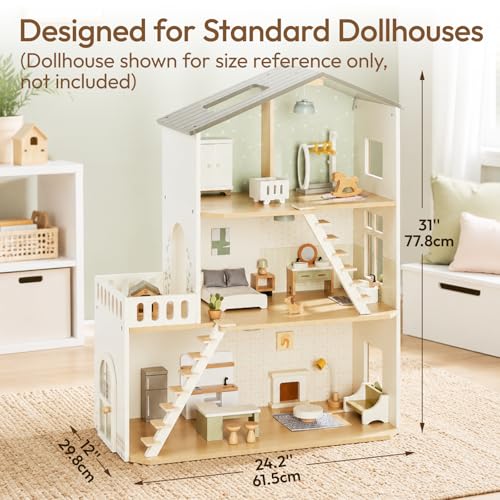 33 PCS Wooden Dollhouse Furniture Set, Modern Doll House Accessories with Bedroom, Kitchen, Bathroom, Nursery & Living Room, Montessori Pretend Play Toys for Kids Girls Boys Age 3+