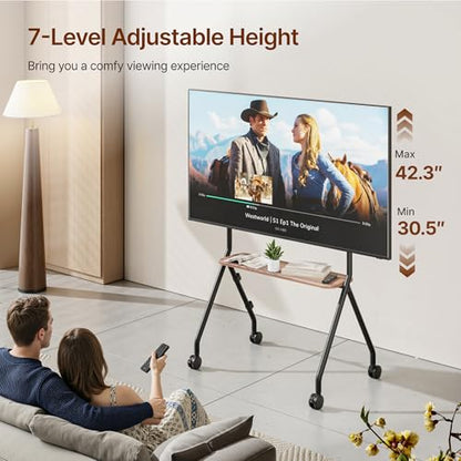 Rolling Easel TV Stand for 49–80 Inch TVs, Mobile TV Cart with Lockable Wheels, Portable Floor Stand with Wood Shelves, VESA 600x400, Black
