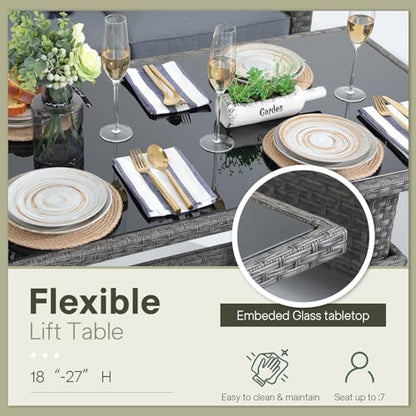 Outdoor Patio Furniture Set 6 Piece Wicker Conversation Set with Lift Coffee Table Sectional Dining Set 3 Seat Sofa Couch with Ottoman, Grey Wicker & Grey Cushion