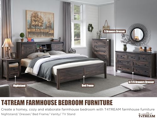 54" Wide Farmhouse 6-Drawer Dresser for Bedroom, Dark Rustic Oak | Rustic, Wood Storage Cabinet, Metal Handle, Unique Corner Accent, Bedroom, Living Room, Hallway