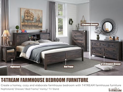 54" Wide Farmhouse 6-Drawer Dresser for Bedroom, Dark Rustic Oak | Rustic, Wood Storage Cabinet, Metal Handle, Unique Corner Accent, Bedroom, Living Room, Hallway
