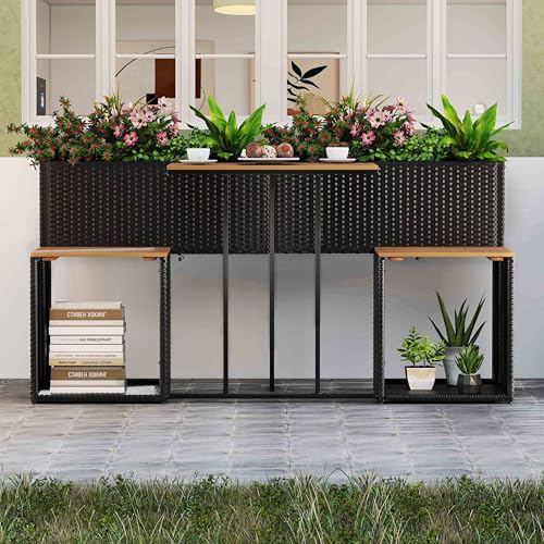Patio Furniture Set with Raised Garden Bed, PE Rattan Garden Planter Table with Built-in Chairs and Storage Space, Acacia Wood Outdoor Conversation Set with Sturdy Metal Frame