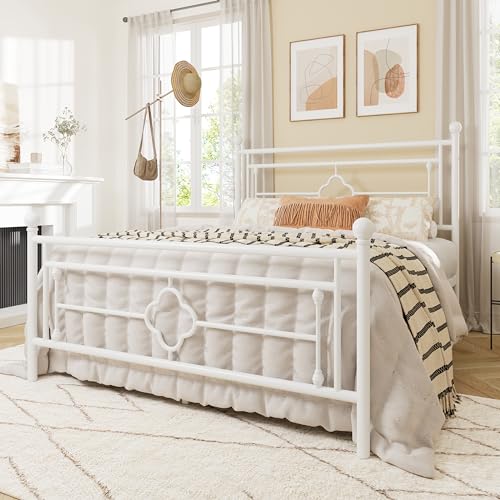 Full Size Metal Platform Bed Frame, Victorian Headboard, White, view 4