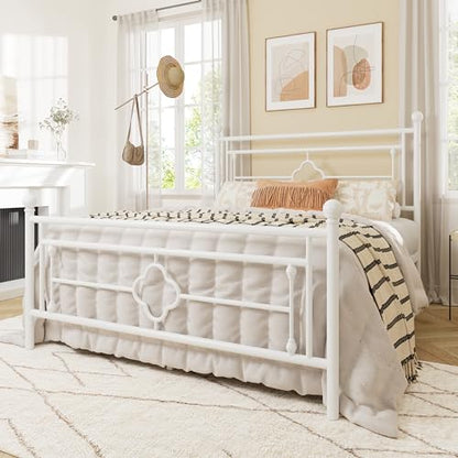 Full Size Metal Platform Bed Frame, Victorian Headboard, White, view 4