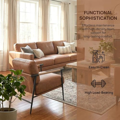 Mid-Century Modern Accent Chair Set of 2 Armchair Brown PU Leather Sofa Lounge Bedroom Chair with Metal Leg for Living Room Reading Office