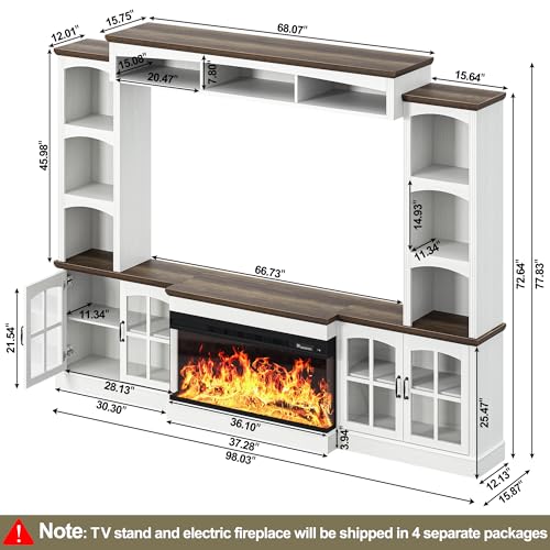 98" Farmhouse TV Stand with 36" Electric Fireplace, Bookshelves, Fits 75" TVs, view 3