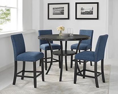 Collection Biony Espresso Wood Counter Height Dining Set with Blue Fabric Nailhead Stools