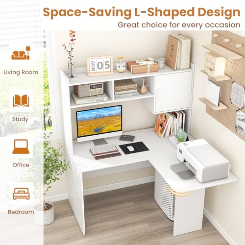 L Shaped Desk with Hutch, White Corner Desk with Storage Shelf & Cabinet, view 7