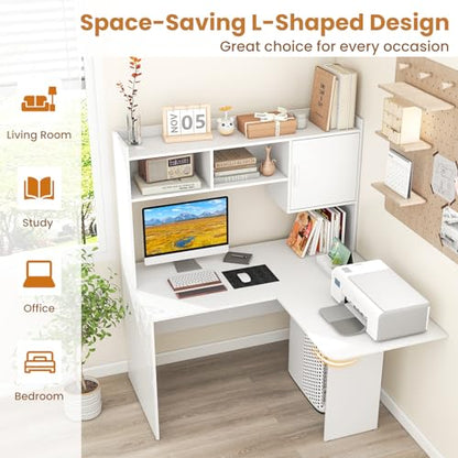 L Shaped Desk with Hutch, White Corner Desk with Storage Shelf & Cabinet, view 7