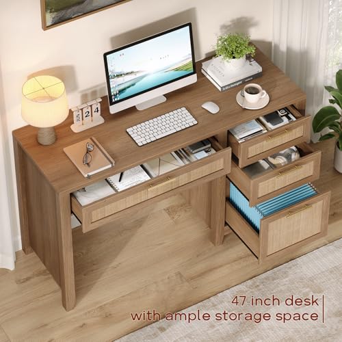 47" Farmhouse Rattan Executive Desk with File Drawer, Brown, view 4