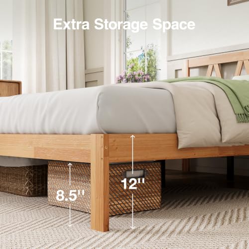 12 Inch Queen Bed Frame with Headboard Bed Frame Queen Size Solid Wooden Bed, view 6