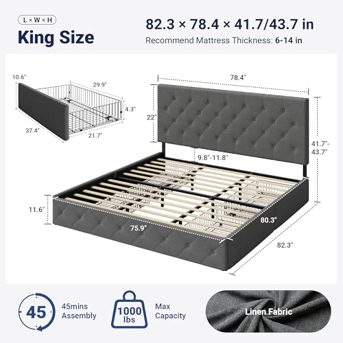 Upholstered King Size Platform Bed Frame with 4 Storage Drawers and Headboard, view 3