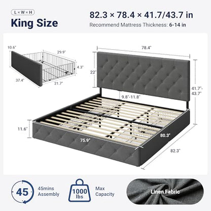 Upholstered King Size Platform Bed Frame with 4 Storage Drawers and Headboard, view 3