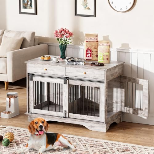 47" Wooden Dog Crate Furniture with 2 Storage Drawers & Removable Divider –, view 3